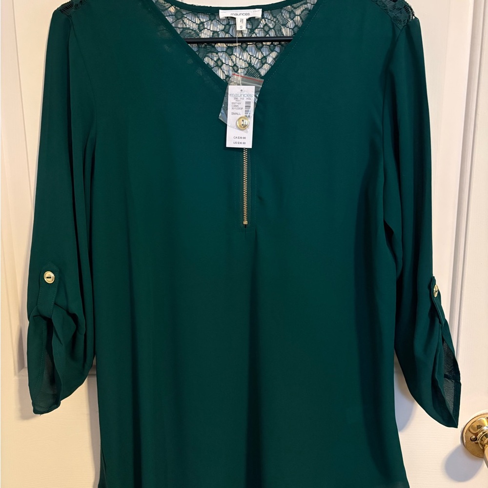 Maurices Deep Teal V-Neck Lace Yoke Tunic with Gold Zip